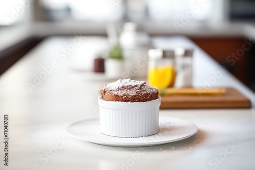 chocolate souffle with a dusting of powdered sugar photo