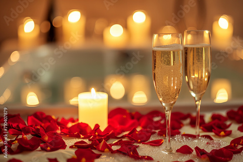 Bubble bath for two with rose petals and candle lights. two glasses of champagne in the foreground. romantic setting for valentines day, blurred background