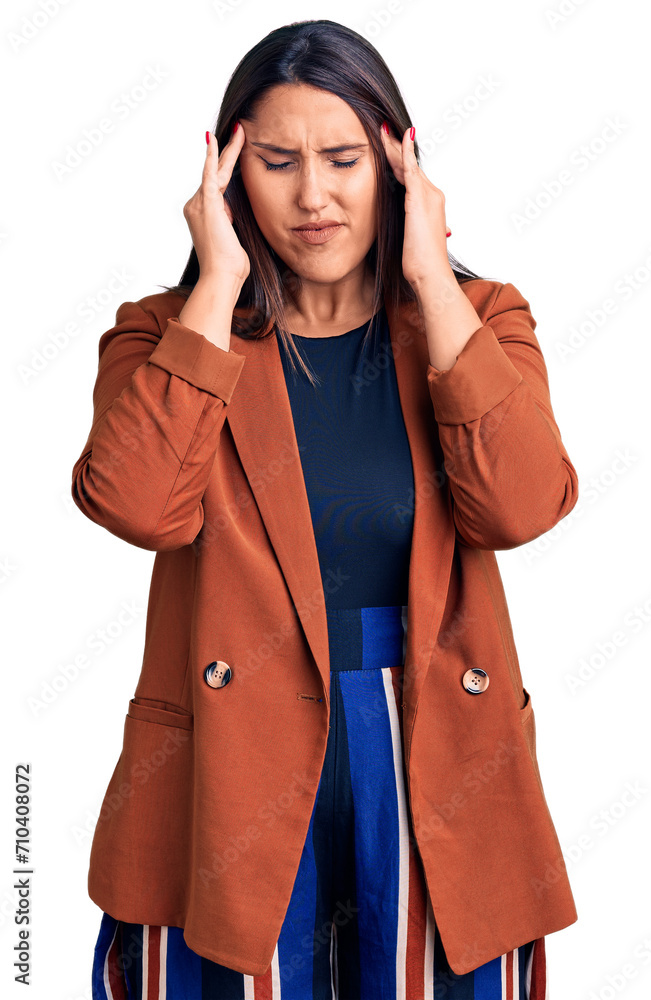Young beautiful brunette woman wearing elegant clothes with hand on head for pain in head because stress. suffering migraine. Young beautiful brunette woman wearing elegant clothes with hand on head for pain in head because stress. suffering migraine.