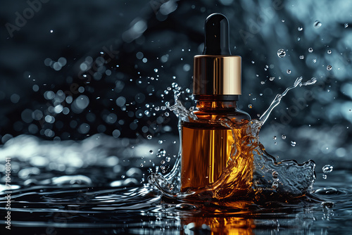 
Low key , dark colors, luxury product photography. cosmetic product oil or essence in a bottle with a dropper, with serum splash .Concept of beauty, skin, hair or body care