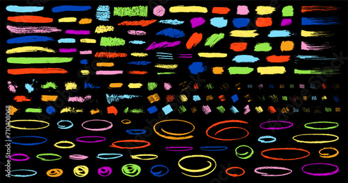 Colorful chalk vector lines. Charcoal, crayon, pen hand sketch scribbles. Brush textured ovals, emphasis marks. Paint stroke border, underline elements. Kids colored pencil art. Vector grunge scratch