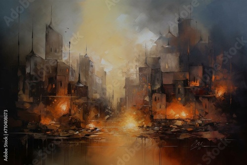Cityscape engulfed in smoky ambiance. Imaginative and captivating artwork. Generative AI