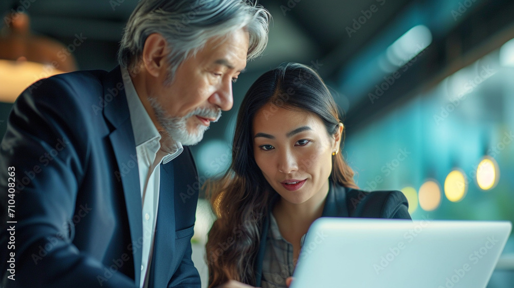 Engaged Mid-Aged Latin Manager Mentoring Eager Young Asian Employee on a Project with Laptop in Sunlit Office - Diverse Business Collaboration Scene