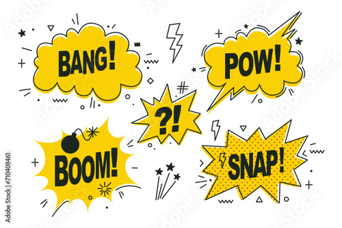 Set of comic speech bubbles isolated on white background. Expression funny style with text Pow, Bang, Boom, Snap. Banner, poster and sticker concept. Message Pow for web. Vintage design, pop art style