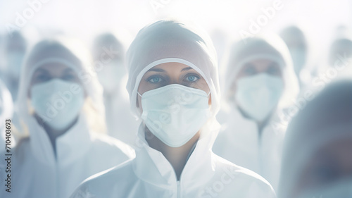 epidemic, a group of people wearing medical masks on their face, abstract blurred background