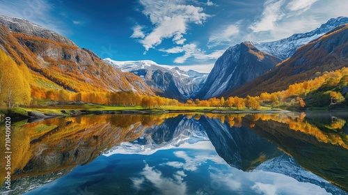 Picturesque reflection of the mountain landscape in the lake