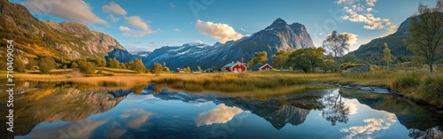 Picturesque reflection of the mountain landscape in the lake