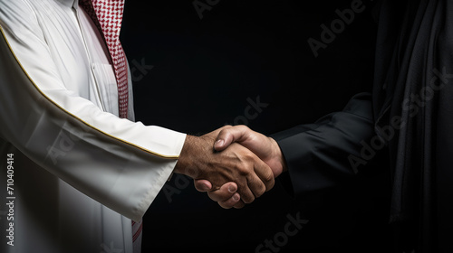 Close up of arab  male and caucasian man in suit shaking hands and close deal photo