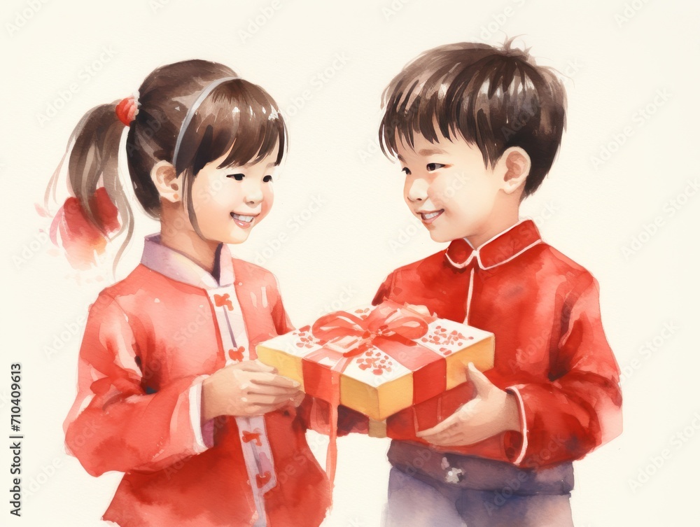 Painting Depicting Two Children Holding a Present. Watercolor illustration. Chinese new year mood. Painting Depicting Two Children Holding a Present. Watercolor illustration. Chinese new year mood.