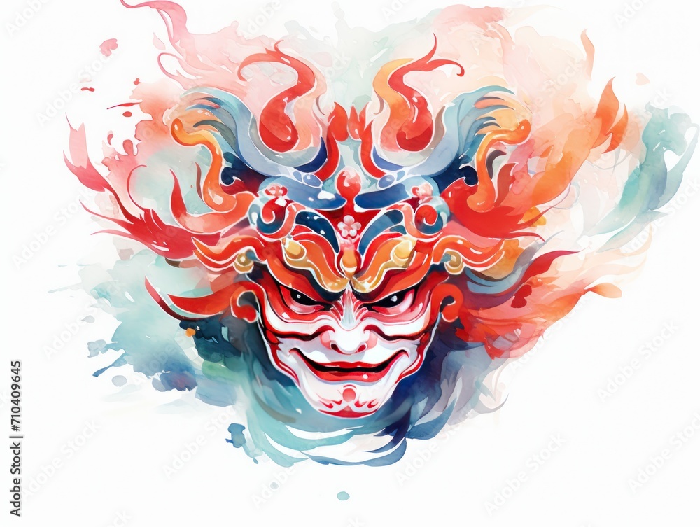 Colorful Mask With Red, Orange, and Blue Paint Splatters. Watercolor illustration. Chinese new year mood.