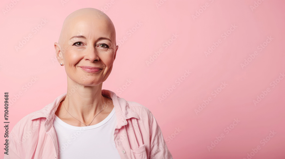 smiling bald middle-aged woman on pink background, copy space. concept of fighting cancer smiling bald middle-aged woman on pink background, copy space. concept of fighting cancer
