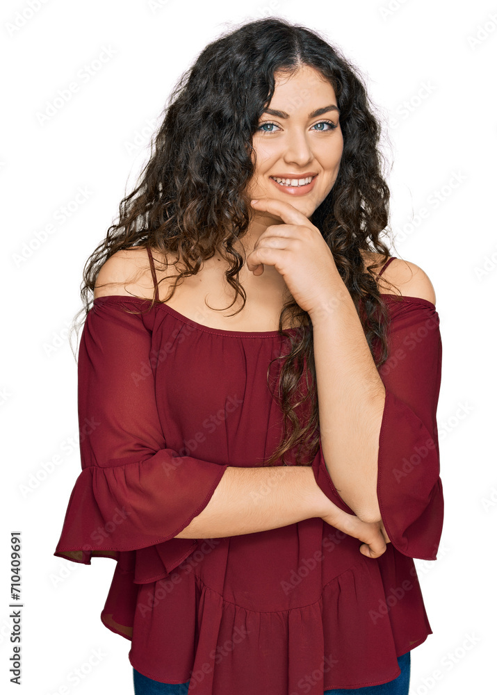 Young hispanic girl wearing casual clothes looking confident at the camera smiling with crossed arms and hand raised on chin. thinking positive. Young hispanic girl wearing casual clothes looking confident at the camera smiling with crossed arms and hand raised on chin. thinking positive.