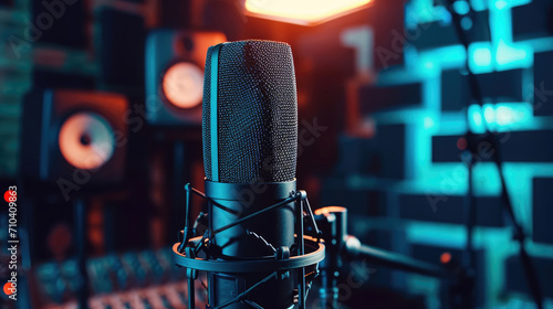 stationary professional studio microphone in a dark recording studio close-up photo