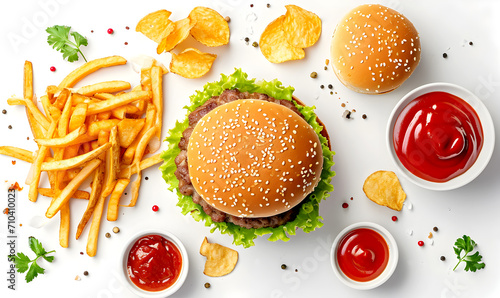 Delicious hamburger with fries and sauces. Top view. White background. Edited AI illustration.	