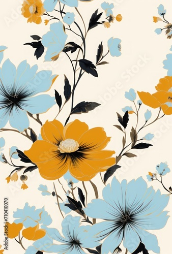 Abstract pattern with blue and yellow flowers. Abstract seamless pattern design. Colorful retro digital pattern. Vintage color print.