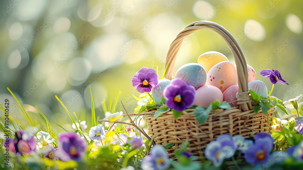 Colorful Easter eggs in a pastel basket on a bokeh background of pansies blooming under the sunlight Colorful Easter eggs in a pastel basket on a bokeh background of pansies blooming under the sunlight