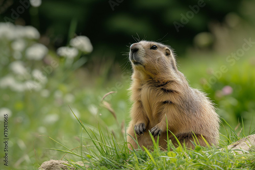 cute groundhog crawled out of his hole and basks in the sun, groundhog day
