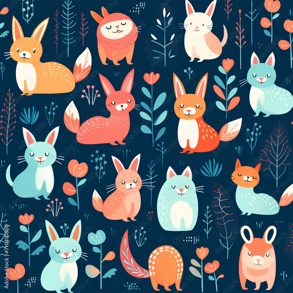 Create a pattern featuring adorable, stylized animals like bunnies, and kittens in playful poses, PNG, 300 DPI Create a pattern featuring adorable, stylized animals like bunnies, and kittens in playful poses, PNG, 300 DPI