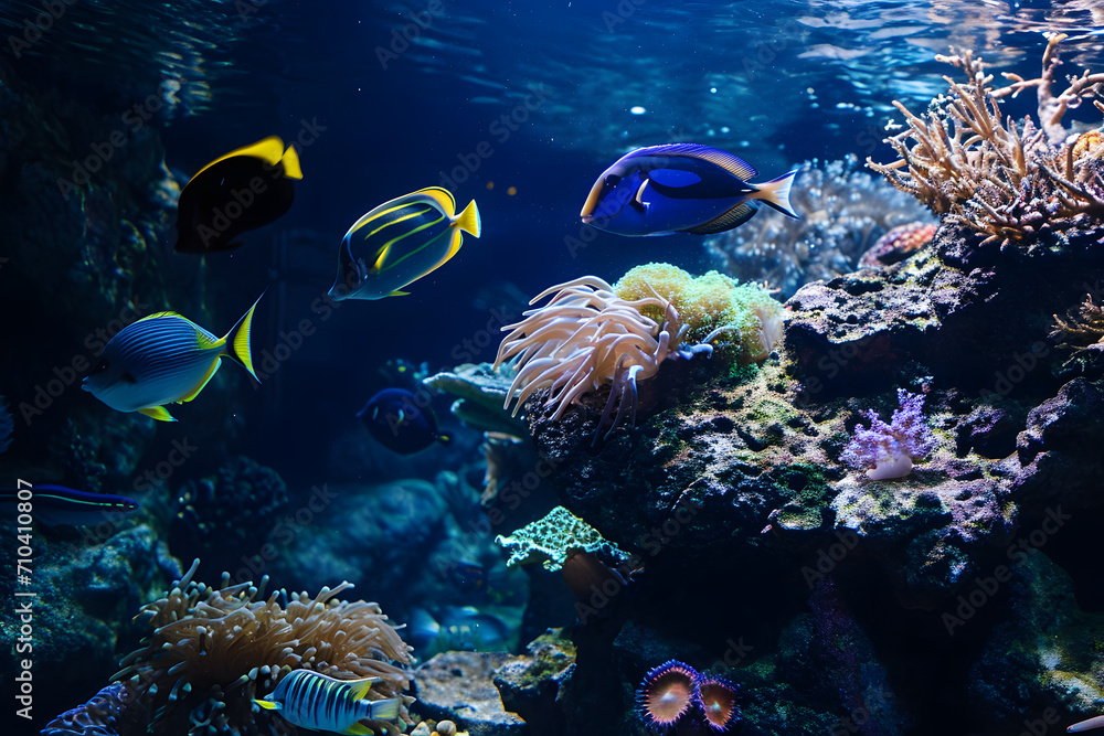 Obraz premium Lebendiges Unterwasserparadies: Aquarium mit faszinierenden Fischen und farbenprächtigen Korallen
