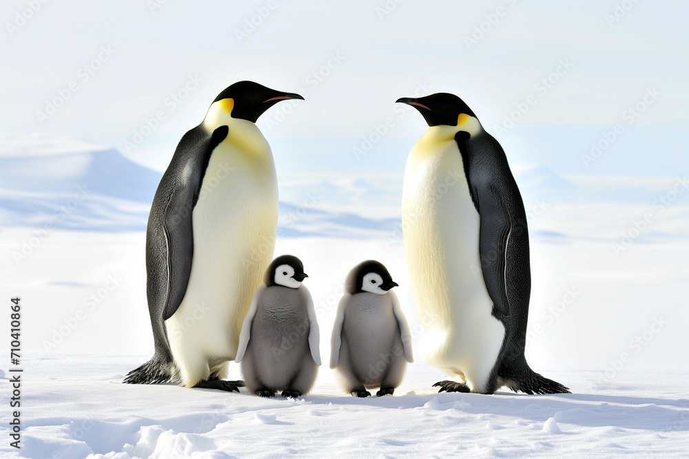 Fototapeta premium Emperor penguin family with chicks on snow, pure white background and sunlight