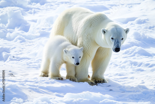 Polar bear family mother and child on snow pure white background and sunlight