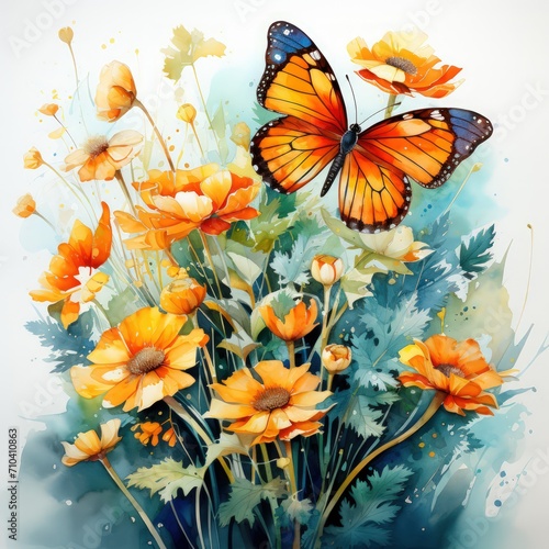 A beautiful watercolor butterfly is depicted alongside vibrant flowers in the artwork. © crazyass