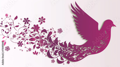 Illustration, paper cut silhouette of a dove with spring and floral designs