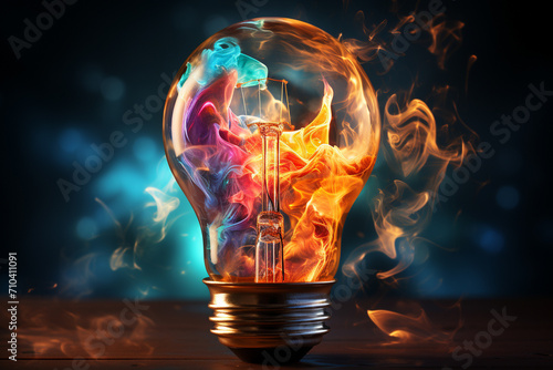 Creative light bulb explodes. brainstorming concept.  photo