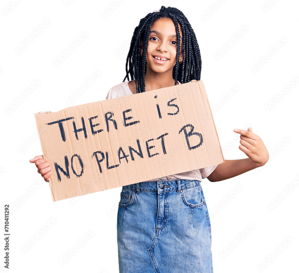 Cute african american girl holding there is no planet b banner smiling happy pointing with hand and finger Cute african american girl holding there is no planet b banner smiling happy pointing with hand and finger
