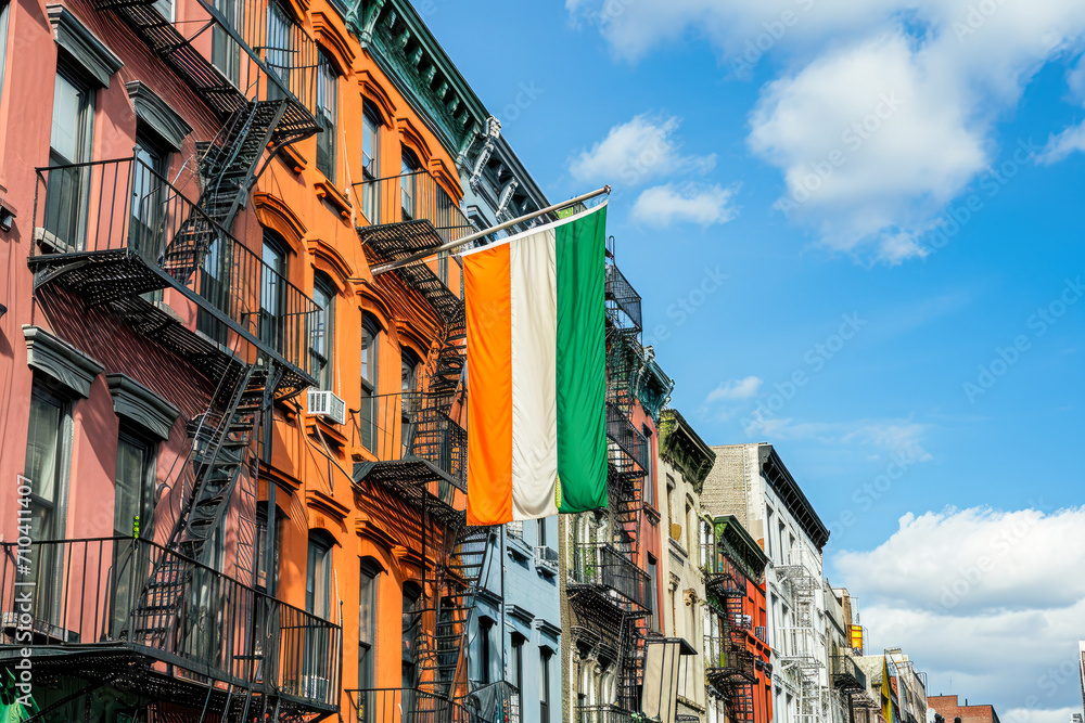 Irish flag on the streets of the American city, integration of Irish traditions into American culture, March, concept graphic resources, generative ai