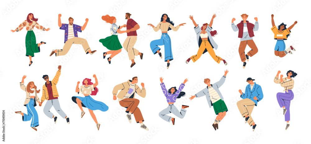 Dancing people. Happy people dance to music. Happy people jumping. Set of characters having fun at party. Men and women in motion, different free poses. Jumping for fun and joy. Laughing people set