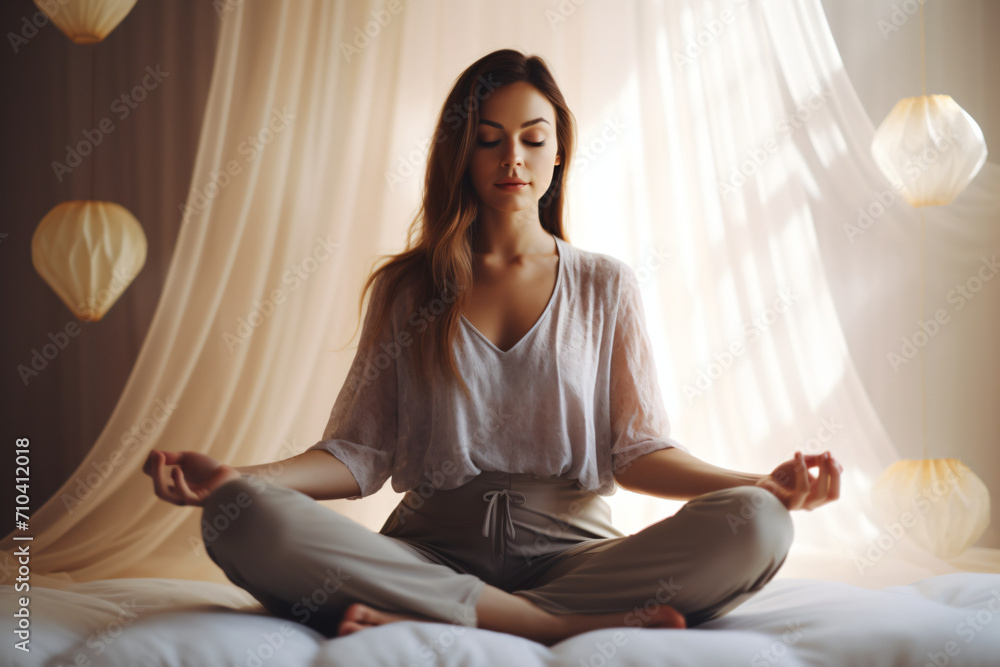 One woman is sitting in a lotus position on a bed, in the style of soft-focus, light gray, lightbox, close-up shots, photo taken with provia, flat, subtle

