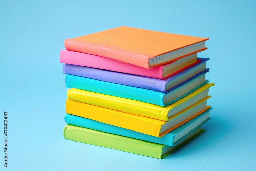 A stack of colorful children's books, isolated on a light blue background A stack of colorful children's books, isolated on a light blue background