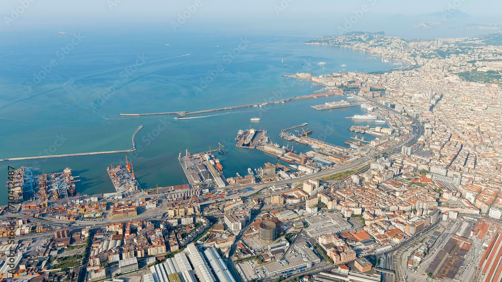 Naples, Italy. Panorama of the city overlooking the port and the railway station. Daytime, Aerial View