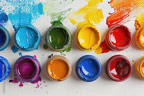 A set of colorful acrylic paints, isolated on a white artist's canvas