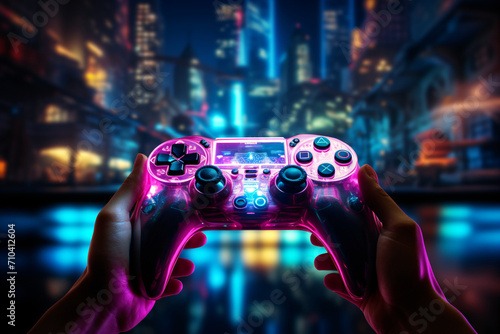 Hands guiding a computer game controller in front of a blurry light background, in the style of luxurious, neon-lit urban, high-angle, rounded, spatial, creased, iso 200

 photo