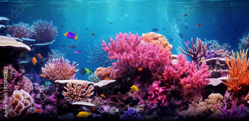 a colorful coral reef with fish and corals in the water, with a blue background and a black border,  generative ai © Vitaliy