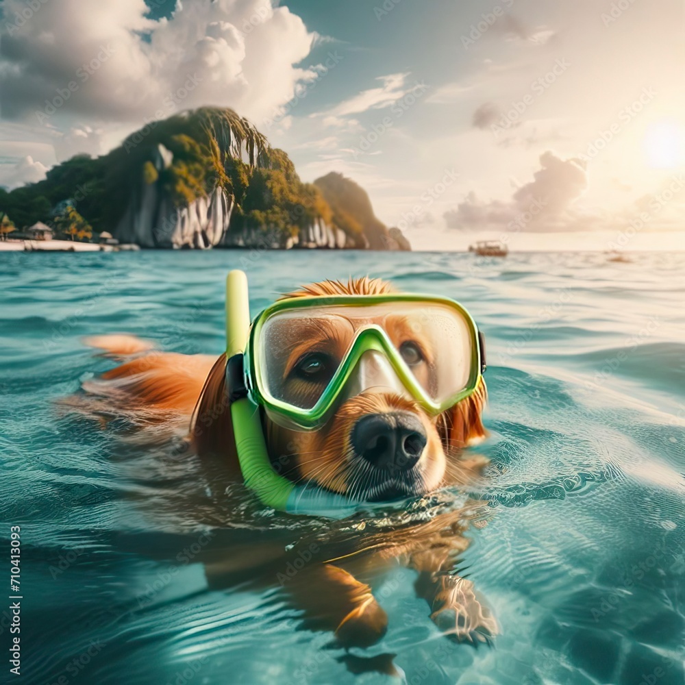 Dog on vacation relaxing chilling doing Scuba Diving Snorkeling wearing swimming glasses gopro action sport animal Dog canine shot under water sea beach cinematic movie scene poster cover art backdrop
