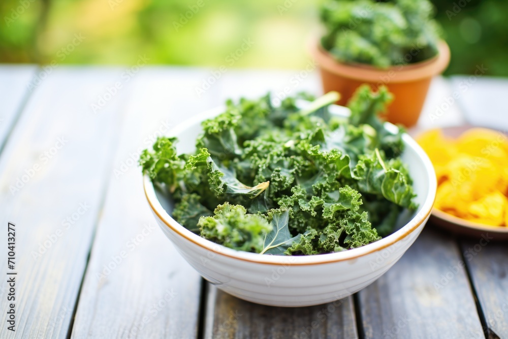 bowl of kale chips beside a fresh bunch of kale bowl of kale chips beside a fresh bunch of kale