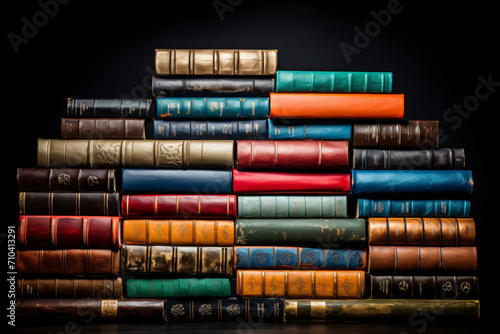Different old books stacked on each other, in the style of high-angle, colourful, black background, collage-based, rounded, symbolic, leather/hide