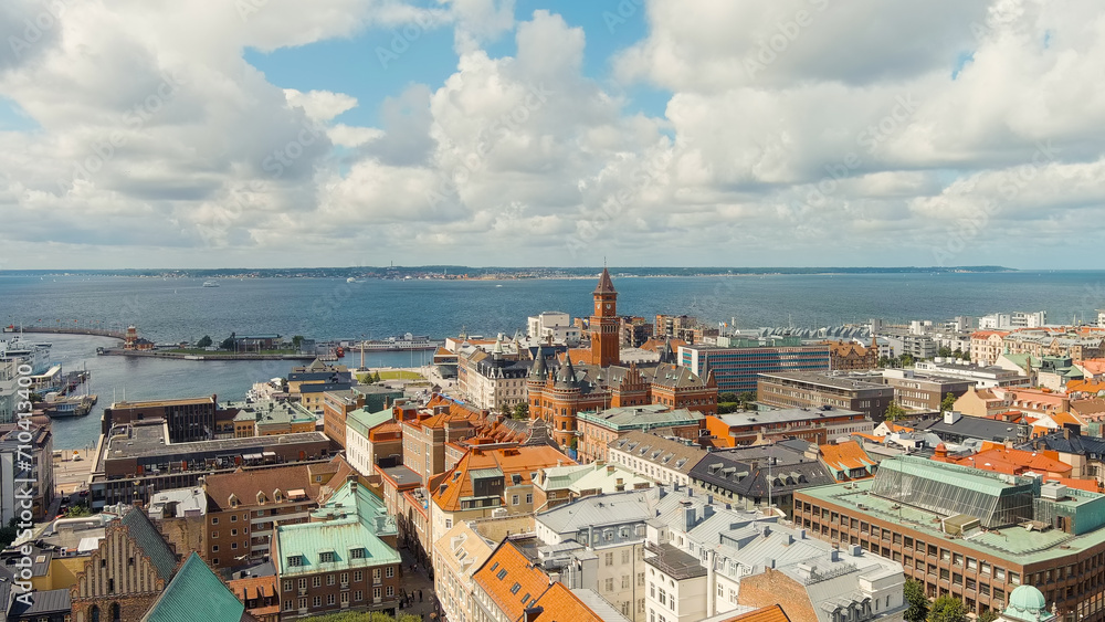 Helsingborg, Sweden. Helsingborg Town Hall. Summer day. Cloudy weather, Aerial View