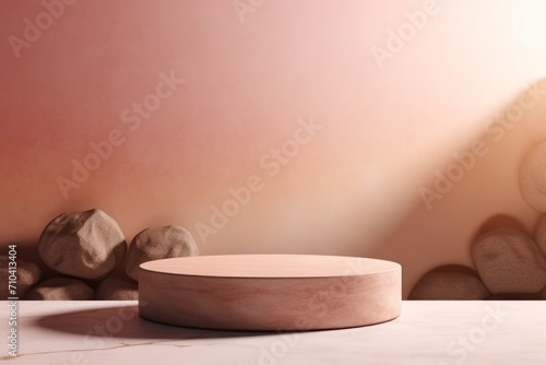 Elegant Marble Pink Podium on a Warm, Sunlit Background for Cosmetic Display