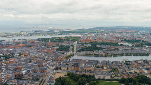 Copenhagen, Denmark. Copernhagen lakes. Panorama of the city center and port in cloudy weather. Summer day, Aerial View