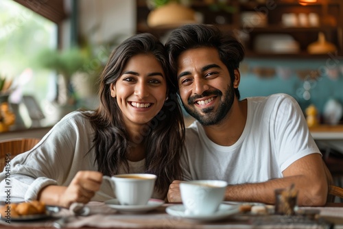 A contemporary couple enjoying coffee at home. Generative Ai.