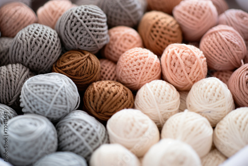 Close up of crocheted yarn and balls of yarn, in the style of soft, muted palette, soft tonal range, 20th century scandinavian style, soft variations of color, stylish, contrasting, soft-edged