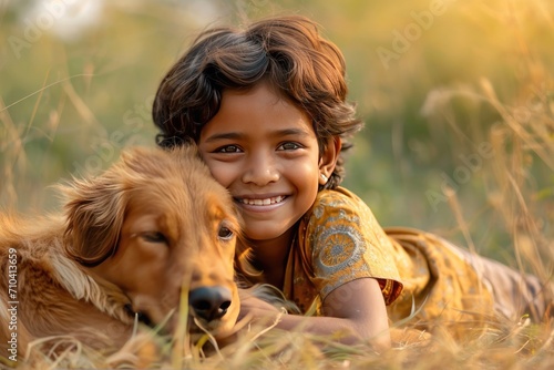 Indian child engaging in play with family dog. Generative Ai.