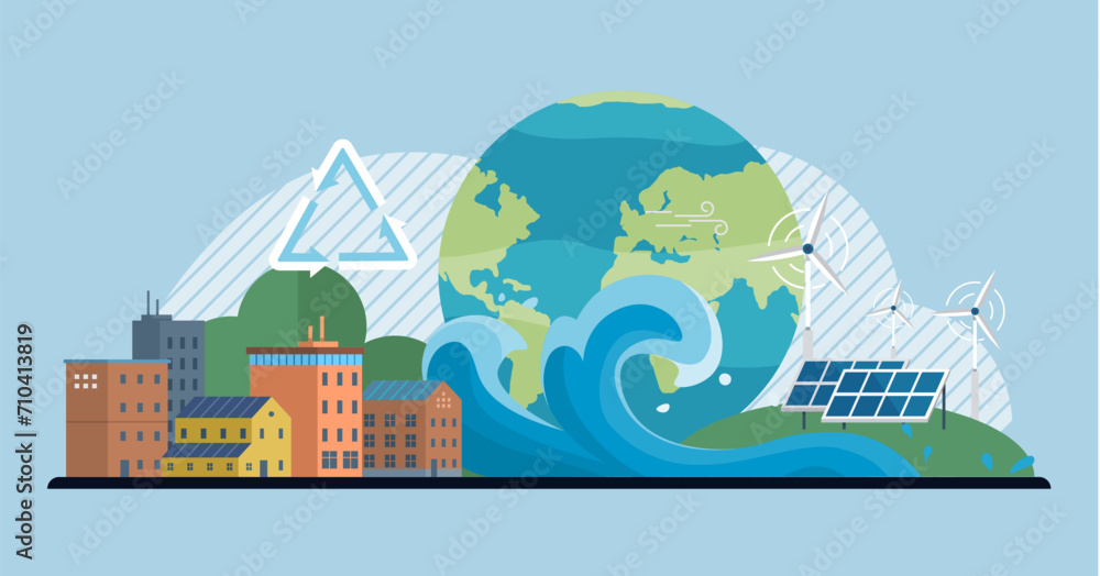 Clean city vector illustration. It adopts climate resilience strategies, promotes renewable energy, and implements sustainable transportation systems By prioritizing climate action