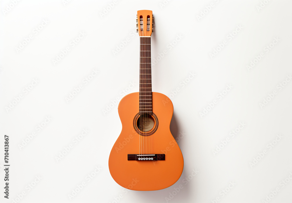 Fototapeta premium A photo of an ii classical guitar, in the style of realistic, detailed rendering, traditional mexican style, light orange and brown, folk/naïve:, aerial view, shaped canvas