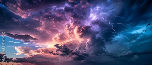 A stormy sky with multiple cloud to ground lightning strikes. Generative AI