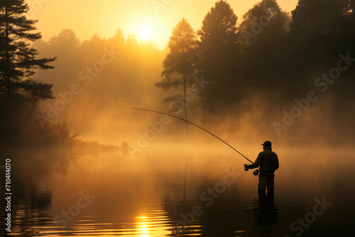 Fishing silhouette symphonic rockfall, in the style of hazy, reportage style, wimmelbilder, stylish